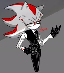 Size: 1817x2048 | Tagged: safe, artist:tamjeong_sonic, shadow the hedgehog, alternate outfit, character name, grey background, lidded eyes, limited palette, pants, shirt, simple background, solo, suit, tie, vest