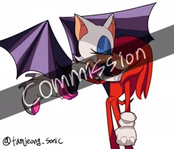 Size: 2048x1758 | Tagged: safe, artist:tamjeong_sonic, knuckles the echidna, rouge the bat, commission, flying, kiss, knuxouge, shipping, simple background, standing, straight, white background