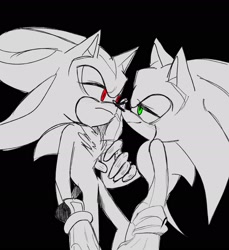 Size: 2000x2183 | Tagged: safe, artist:kyul_lyang, shadow the hedgehog, sonic the hedgehog, black background, duo, gay, greyscale, hand on another's face, lidded eyes, looking at each other, monochrome, shadow x sonic, shipping, simple background, smile, spot color