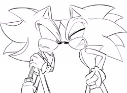 Size: 2048x1508 | Tagged: safe, artist:tamjeong_sonic, shadow the hedgehog, sonic the hedgehog, duo, greyscale, looking at each other, monochrome, smile