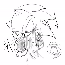 Size: 2048x2048 | Tagged: safe, artist:tamjeong_sonic, sonic the hedgehog, bowl, cooking, greyscale, korean text, monochrome, solo