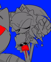 Size: 1806x2204 | Tagged: safe, artist:tamjeong_sonic, shadow the hedgehog, sonic the hedgehog, blue background, duo, eyes closed, gay, jester outfit, jester sonic, king shadow, limited palette, shadow x sonic, shipping, simple background