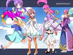 Size: 800x600 | Tagged: safe, artist:akakobasan1, lah, maria robotnik, merlina the wizard, princess elise, sage, shahra, human, sonic frontiers, clouds, group, holding something, staff, standing