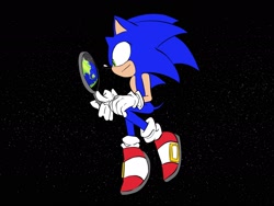 Size: 2048x1536 | Tagged: safe, artist:tamjeong_sonic, sonic the hedgehog, earth, full body, holding something, mirror, planet, solo, space, star (sky)