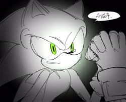 Size: 2048x1663 | Tagged: safe, artist:tamjeong_sonic, sonic the hedgehog, black background, duo, greyscale, holding hands, korean text, monochrome, simple background, solo focus, speech bubble, spot color