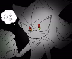 Size: 2048x1663 | Tagged: safe, artist:tamjeong_sonic, shadow the hedgehog, black background, duo, greyscale, holding hands, korean text, monochrome, simple background, solo focus, spot color, thought bubble