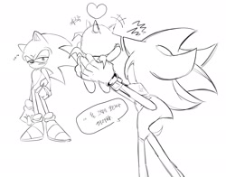 Size: 2189x1714 | Tagged: safe, artist:tamjeong_sonic, shadow the hedgehog, sonic the hedgehog, chao, dark chao, greyscale, grin, heart, holding them, korean text, lidded eyes, looking at each other, monochrome, smile, speech bubble, standing, trio