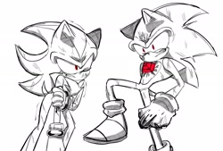 Size: 2048x1382 | Tagged: safe, artist:tamjeong_sonic, shadow the hedgehog, sonic the hedgehog, sonic forces, alternate eye color, clenched teeth, duo, greyscale, hand on own arm, injured, monochrome, one eye closed, phantom ruby, scratch (injury), simple background, spot color, white background