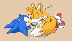 Size: 1146x659 | Tagged: safe, artist:crazychilidoglover, artist:electrobuzz, miles "tails" prower, sonic the hedgehog, alternate version, beige background, blushing, duo, eyes closed, gay, looking at them, lying down, lying on them, shipping, signature, simple background, sleeping, smile, sonic x tails, zzz