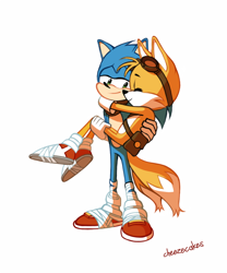 Size: 500x600 | Tagged: safe, artist:cheezecakes, miles "tails" prower, sonic the hedgehog, carrying them, cute, duo, eyes closed, gay, shipping, signature, simple background, sonic boom (tv), sonic x tails, standing, white background