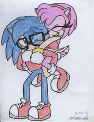 Size: 828x1073 | Tagged: safe, artist:blacksista100, amy rose, nicky, sonic the hedgehog, hedgehog, blue fur, boots, dress, duo, female, glasses, gloves, green eyes, male, pink fur, sneakers, sweater, traditional media