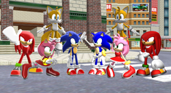 Size: 1214x658 | Tagged: safe, artist:thenewsonicchannel, amy rose, knuckles the echidna, miles "tails" prower, sonic the hedgehog, 3d, sfm