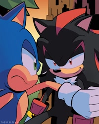 Size: 1500x1875 | Tagged: safe, artist:nenemyun, shadow the hedgehog, sonic the hedgehog, 2024, abstract background, duo, frown, gay, lidded eyes, looking at each other, pinning them, redraw, role reversal, shadow x sonic, shipping, signature, smile, smirk