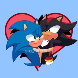 Size: 2048x2048 | Tagged: safe, artist:leithecatfish, shadow the hedgehog, sonic the hedgehog, 2024, blue background, bust, cute, duo, frown, gay, heart, hugging, looking at each other, one eye closed, shadow x sonic, shipping, signature, simple background, smile, watermark