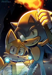 Size: 1430x2048 | Tagged: safe, artist:thatbirdguy_, miles "tails" prower, sonic the hedgehog, 2024, abstract background, clenched teeth, duo, fire, frown, holding something, looking at viewer, miles electric, standing, sweatdrop, torch