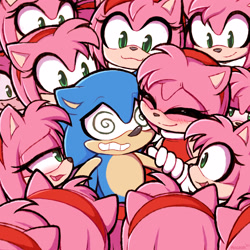 Size: 3000x3000 | Tagged: safe, artist:moozua, amy rose, sonic the hedgehog, amy x sonic, clone, shipping, surrounded