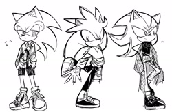 Size: 2048x1346 | Tagged: safe, artist:tamjeong_sonic, shadow the hedgehog, silver the hedgehog, sonic the hedgehog, alternate outfit, claws, gloves off, hands in pocket, jacket, pants, shorts, simple background, sneakers, standing, trio, white background