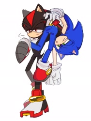 Size: 1536x2048 | Tagged: safe, artist:tamjeong_sonic, shadow the hedgehog, sonic the hedgehog, carrying them, duo, full body, gay, shadow x sonic, shipping, simple background, walking, white background