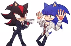 Size: 2048x1337 | Tagged: safe, artist:tamjeong_sonic, shadow the hedgehog, sonic the hedgehog, angry, duo, gay, gloves off, hands up, lidded eyes, looking at each other, pants, pawpads, shadow x sonic, shipping, shirt, simple background, suit, tie, white background