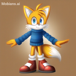 Size: 512x512 | Tagged: safe, ai art, artist:mobians.ai, miles "tails" prower, fox, blue eyes, male, shoes, socks, solo, sweater, yellow fur