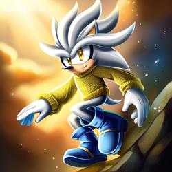 Size: 512x512 | Tagged: safe, ai art, artist:mobians.ai, silver the hedgehog, hedgehog, boots, grey fur, male, solo, sweater, yellow eyes