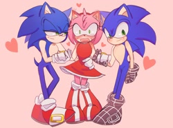 Size: 2162x1607 | Tagged: safe, artist:tamjeong_sonic, amy rose, sonic the hedgehog, sonic frontiers, sonic prime, amy x sonic, blushing, heart, pink background, self paradox, shipping, simple background, standing, straight, trio