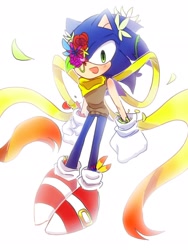 Size: 1536x2048 | Tagged: safe, artist:tamjeong_sonic, sonic the hedgehog, alternate universe, au:parasitic flower, flower, full body, ribbon, simple background, smile, solo, white background