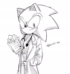 Size: 1921x2048 | Tagged: safe, artist:tamjeong_sonic, sonic the hedgehog, alternate universe, doctor, greyscale, hand in pocket, holding something, korean text, lab coat, monochrome, simple background, smile, solo, white background