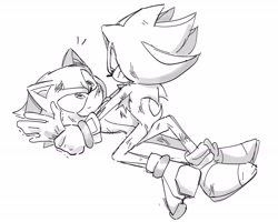 Size: 2048x1638 | Tagged: safe, artist:tamjeong_sonic, shadow the hedgehog, sonic the hedgehog, duo, greyscale, injured, looking at each other, lying down, monochrome, scratch (injury), shadow x sonic, shipping, simple background, white background