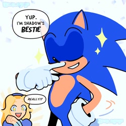 Size: 1050x1050 | Tagged: safe, artist:k2y_agogo, maria robotnik, sonic the hedgehog, human, sonic x shadow generations, comic, dialogue, duo, english text, eyes closed, sparkles, speech bubble, white space