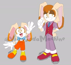 Size: 2048x1865 | Tagged: safe, artist:yuzusodamachine, cream the rabbit, vanilla the rabbit, duo, father and son, gender swap, grey background, simple background