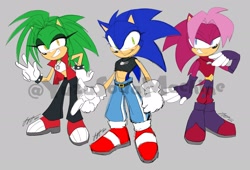 Size: 2048x1392 | Tagged: safe, artist:yuzusodamachine, sonia the hedgehog, sonic the hedgehog, gender swap, manic the hedgehog, siblings, trio