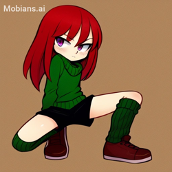 Size: 512x512 | Tagged: safe, ai art, artist:mobians.ai, knuckles the echidna, human, asymmetrical legwear, humanized, male, purple eyes, red hair, shoes, shorts, single loose sock, single over-kneehigh, solo, sweater