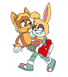 Size: 1440x1631 | Tagged: safe, artist:thatsnoton, antoine d'coolette, bunnie rabbot, blushing, duo, flat colors, full body, grin, holding each other, mobius.social exclusive, redraw, simple background, white background