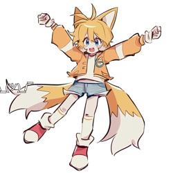 Size: 1024x1024 | Tagged: safe, artist:believe1nmyself, miles "tails" prower, human, 2024, blushing, clenched fists, cute, eye clipping through hair, eyebrow clipping through hair, eyelashes, femboy, hands up, humanized, looking offscreen, mouth open, simple background, smile, solo, tailabetes, white background