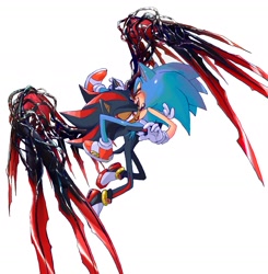 Size: 1855x1895 | Tagged: safe, artist:chaodaycare, shadow the hedgehog, sonic the hedgehog, sonic x shadow generations, 2024, blushing, carrying them, doom shadow, duo, gay, shadow x sonic, shipping, simple background, smile, white background, wings