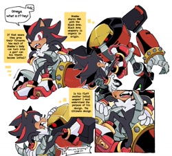 Size: 1363x1235 | Tagged: safe, artist:neffiweffi, e-123 omega, shadow the hedgehog, 2024, blushing, dialogue, duo, embarrassed, english text, gay, holding them, omegadow, robot, shipping, simple background, speech bubble, white background