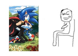 Size: 680x484 | Tagged: safe, artist:adifying, shadow the hedgehog, sonic the hedgehog, 2024, duo, edit, eyes closed, gay, holding each other, kiss, meme, shadow x sonic, shipping, simple background, white background