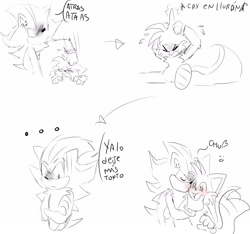 Size: 2048x1913 | Tagged: safe, artist:dogdaysc, miles "tails" prower, shadow the hedgehog, ..., 2024, arms folded, blushing, chu, cute, dialogue, duo, gay, kiss on cheek, line art, sfx, shadow x tails, shipping, simple background, spanish text, white background