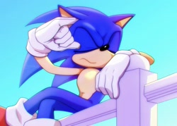 Size: 1680x1200 | Tagged: safe, artist:moonrin__, sonic the hedgehog, 2024, abstract background, eyes closed, fence, frown, outdoors, redraw, sitting, solo, sonic x