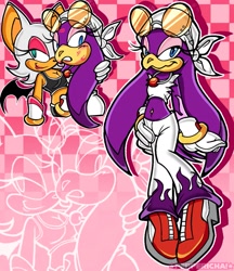 Size: 1095x1266 | Tagged: safe, artist:pepperoncini_23, rouge the bat, wave the swallow, 2024, checkered background, duo, holding them, kiss marks, lesbian, looking at viewer, outline, shipping, uekawa style, wavouge