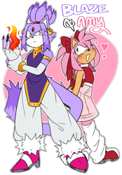 Size: 820x1180 | Tagged: safe, artist:bunpilled, amy rose, blaze the cat, amy x blaze, duo, fire, flame, lesbian, outline, shipping, simple background, smile, standing, transparent background