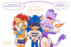 Size: 2048x1365 | Tagged: safe, artist:iris_s_e_e, blaze the cat, sally acorn, sonic the hedgehog, sally x sonic, shipping, shirt, sonaze, trio