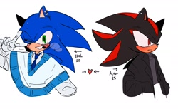 Size: 2048x1255 | Tagged: safe, artist:tamjeong_sonic, shadow the hedgehog, sonic the hedgehog, alternate universe, duo, english text, gay, heart, shadow x sonic, shipping, v sign