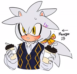 Size: 2048x1970 | Tagged: safe, artist:tamjeong_sonic, silver the hedgehog, alternate hairstyle, alternate universe, cup, english text, holding something, solo