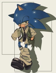 Size: 1558x2048 | Tagged: safe, artist:tamjeong_sonic, sonic the hedgehog, alternate outfit, full body, hand in pocket, shirt, solo, tie, tongue out