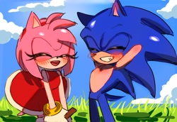 Size: 2048x1411 | Tagged: safe, artist:tamjeong_sonic, amy rose, sonic the hedgehog, blushing, clouds, daytime, duo, eyes closed, grass, outdoors, smile, standing