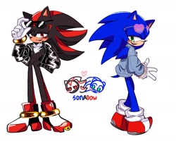 Size: 2192x1755 | Tagged: safe, artist:tamjeong_sonic, shadow the hedgehog, sonic the hedgehog, duo, eyewear on head, gay, hand in pocket, jacket, shadow x sonic, ship name, shipping, simple background, sunglasses, white background