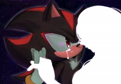 Size: 2048x1428 | Tagged: safe, artist:tamjeong_sonic, maria robotnik, shadow the hedgehog, human, crying, duo, holding hands, maria x shadow, shipping, star (sky), straight, tears