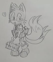 Size: 1754x2048 | Tagged: safe, artist:tamjeong_sonic, miles "tails" prower, bag, crossdressing, cute, femboy, greyscale, heart, holding something, monochrome, pencilwork, sketch, skirt, solo, standing, traditional media